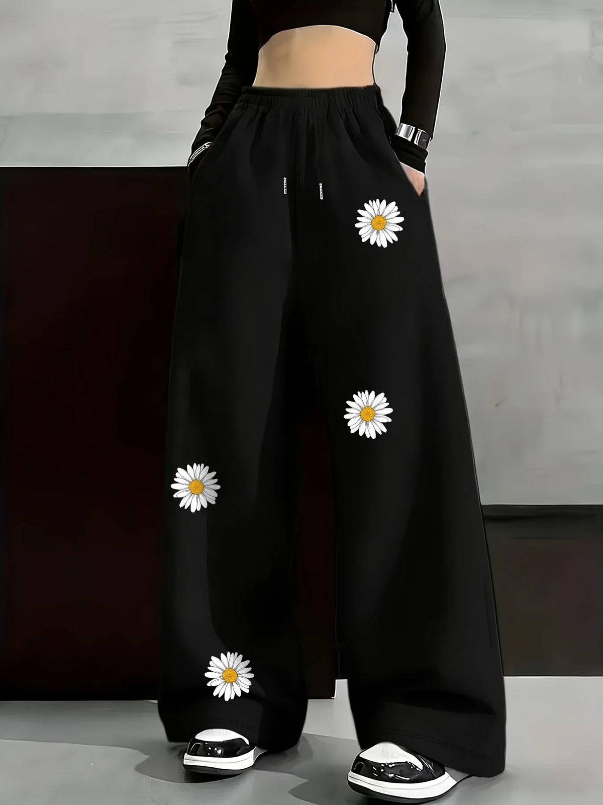 Women's Casual Gothic Wide Leg High Waist Adjustable Drawstring Pants
