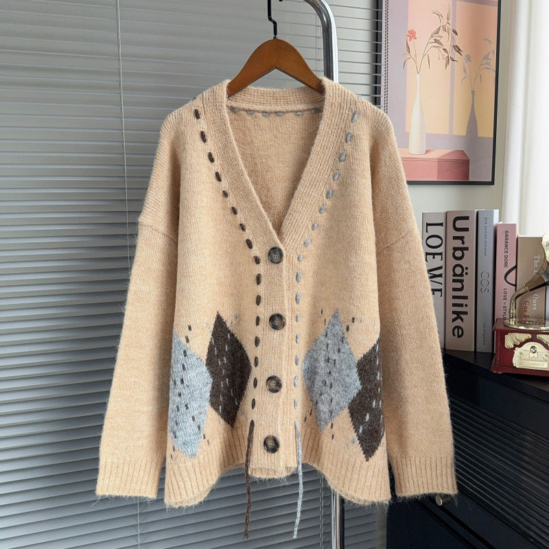 Color blocking diamond grid loose V-neck sweater