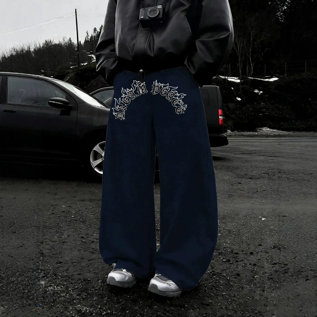 Dark Gothic Letter Print Loose Wide-leg Drawstring Unisex Sweatpants