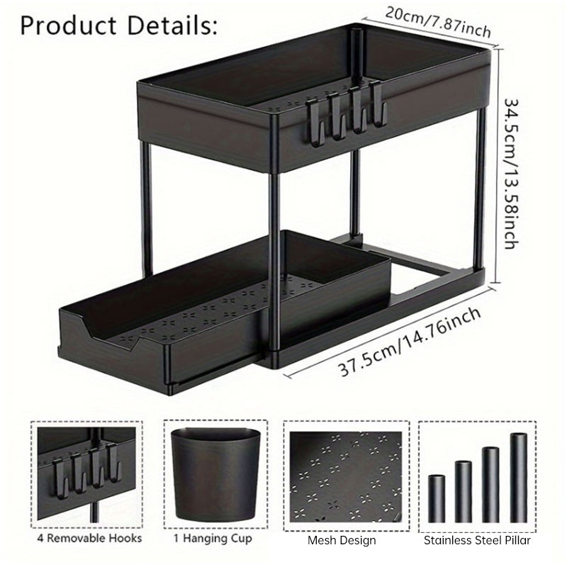 2-Tier Under Sink Sliding Organizer – 5 Hooks & 3 Detachable Baskets, Rust-Resistant Metal, Tool-Free Assembly