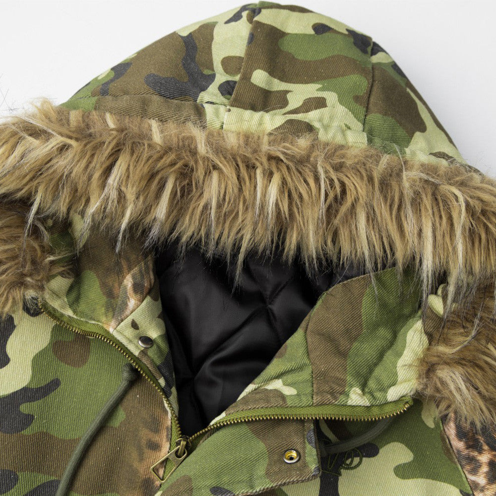Men's High Street Canvas Cotton Padded Jacket Digital Print Camouflage Hooded Fur Collar Workwear Outerwear