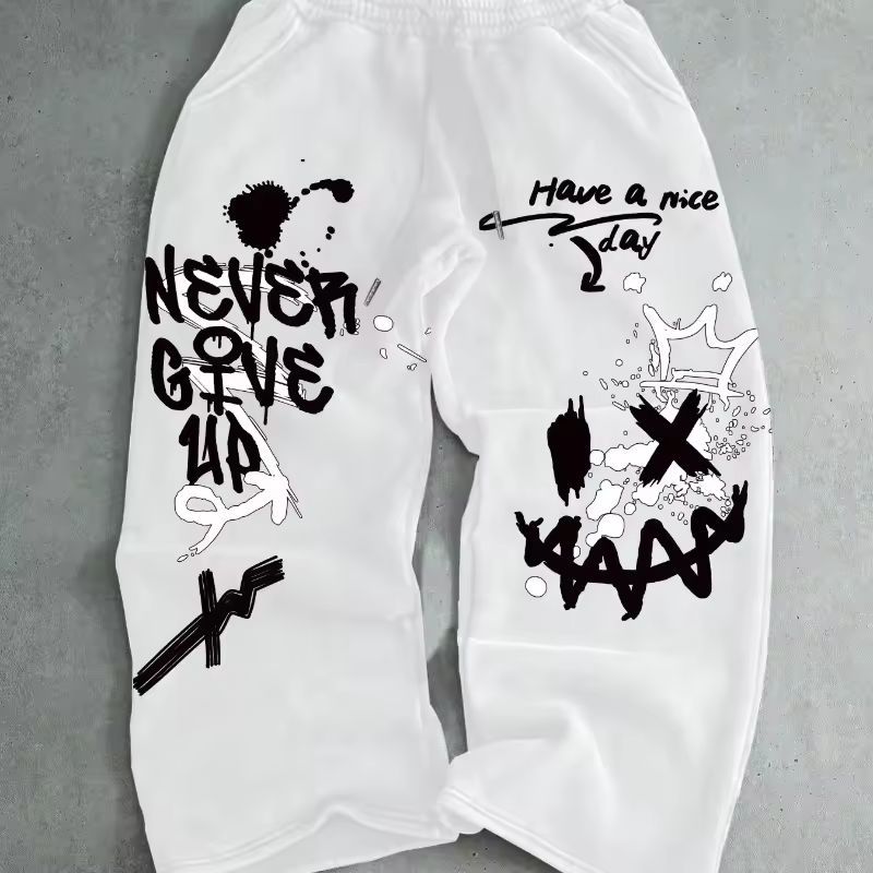 Dark Gothic Smiley Face Print Oversized Wide Leg Drawstring Sweatpants