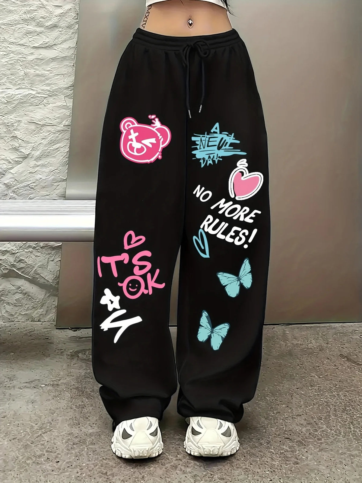 Women's Casual Gothic Wide Leg High Waist Adjustable Drawstring Pants