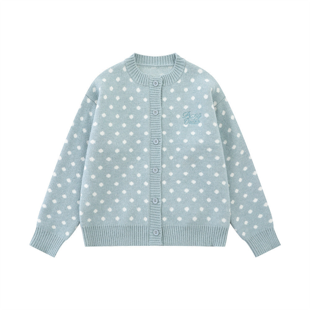 Street Style Polka Dot Knit Cardigan Long Sleeve Round Neck Casual Sweater Jacket for Men