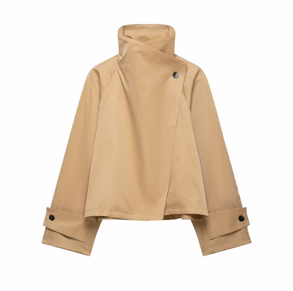 Long sleeved stand up collar with decorative straps short windbreaker jacket