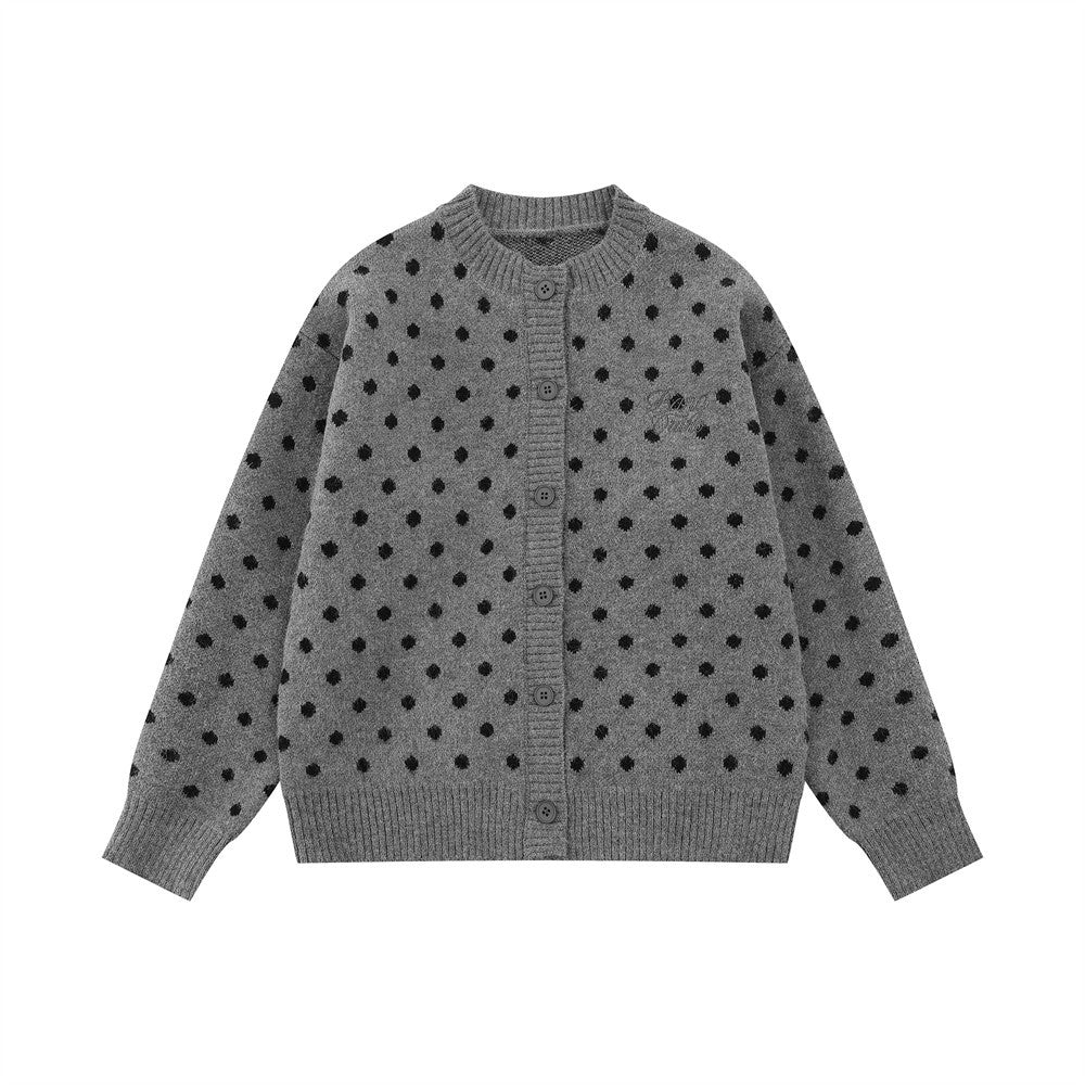 Street Style Polka Dot Knit Cardigan Long Sleeve Round Neck Casual Sweater Jacket for Men