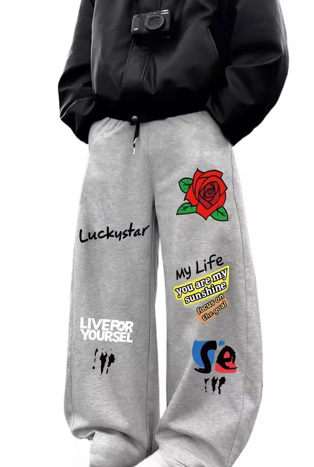 Dark Gothic Smiley Face Print Oversized Wide Leg Drawstring Sweatpants