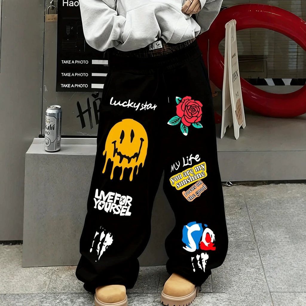 Dark Gothic Smiley Face Print Oversized Wide Leg Drawstring Sweatpants