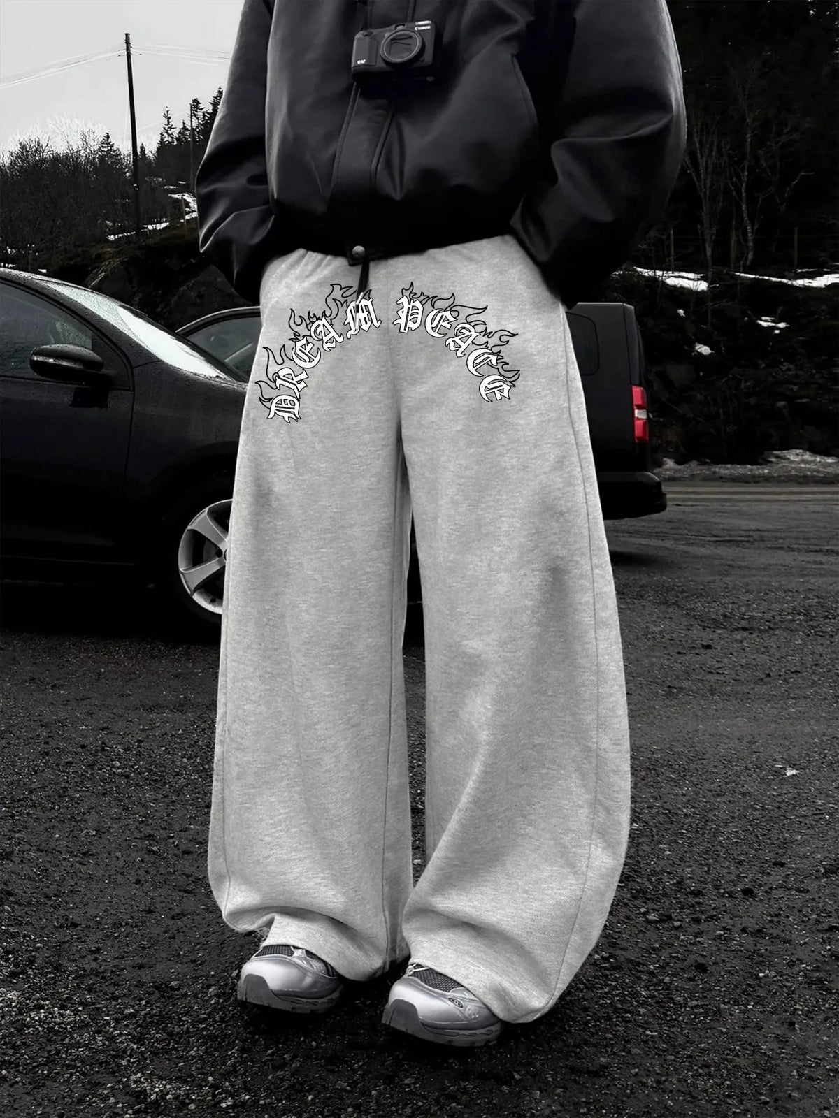 Dark Gothic Letter Print Loose Wide-leg Drawstring Unisex Sweatpants
