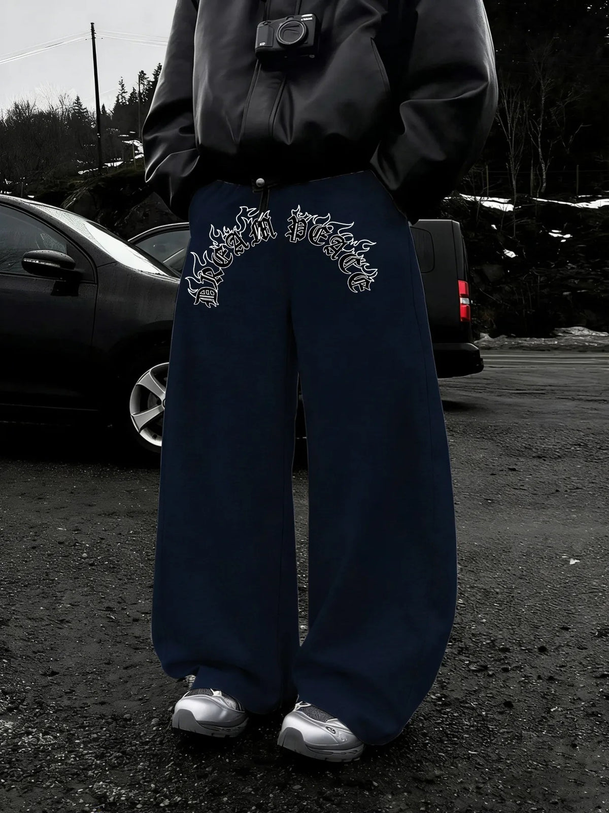 Dark Gothic Letter Print Loose Wide-leg Drawstring Unisex Sweatpants