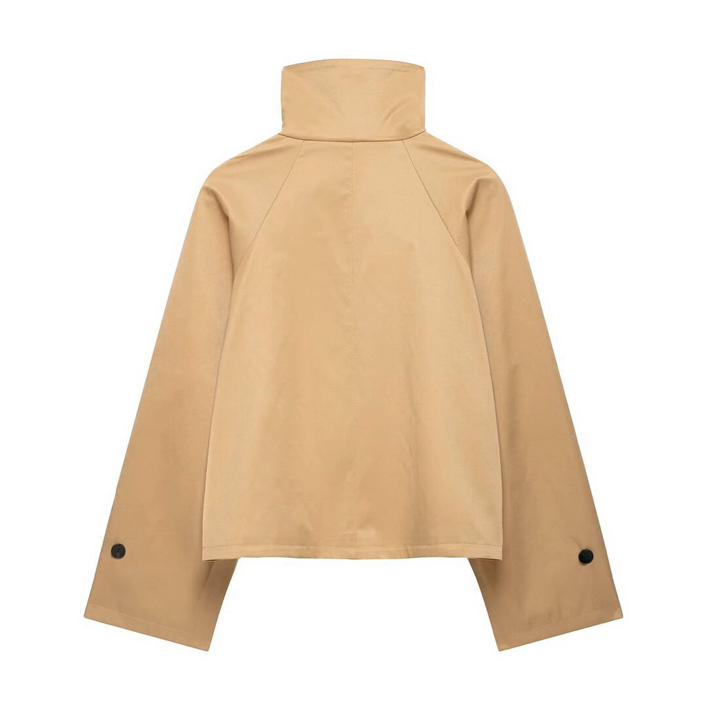 Long sleeved stand up collar with decorative straps short windbreaker jacket