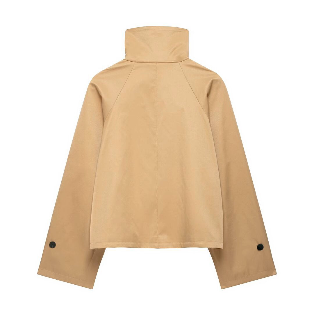 Long sleeved stand up collar with decorative straps short windbreaker jacket