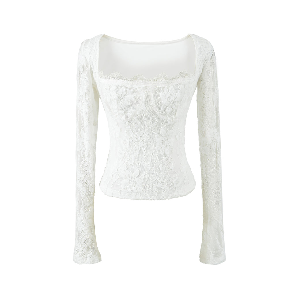 Double-Layer Embossed Long Sleeve Square Neck T-Shirt for Women