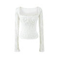 Double-Layer Embossed Long Sleeve Square Neck T-Shirt for Women