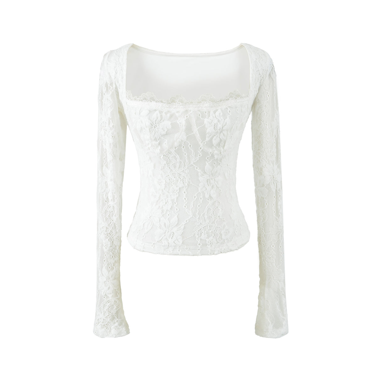 Double-Layer Embossed Long Sleeve Square Neck T-Shirt for Women