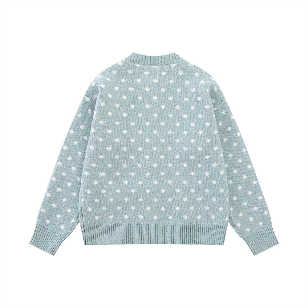 Street Style Polka Dot Knit Cardigan Long Sleeve Round Neck Casual Sweater Jacket for Men