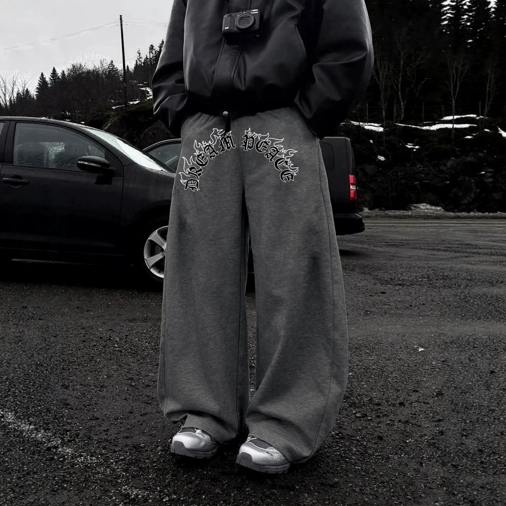 Dark Gothic Letter Print Loose Wide-leg Drawstring Unisex Sweatpants