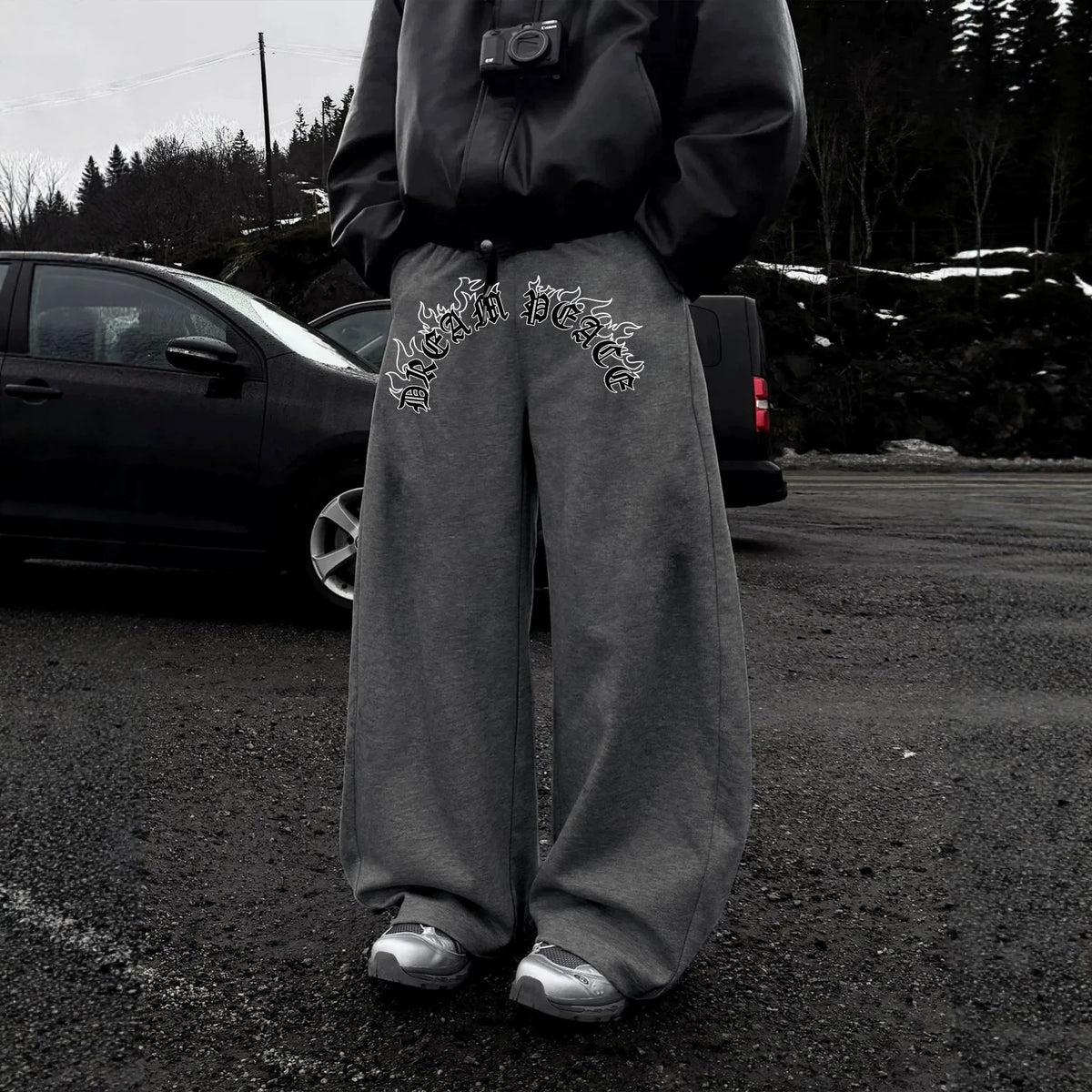 Dark Gothic Letter Print Loose Wide-leg Drawstring Unisex Sweatpants