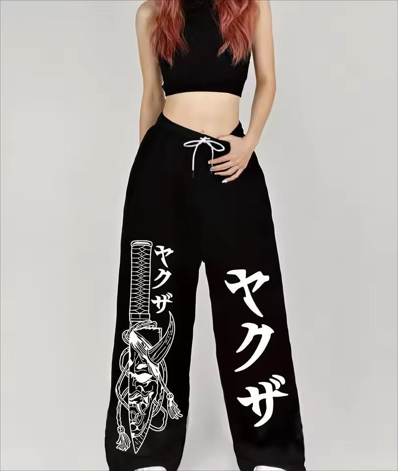 Dark Gothic Skull Print Loose Wide Leg Drawstring Sweatpants