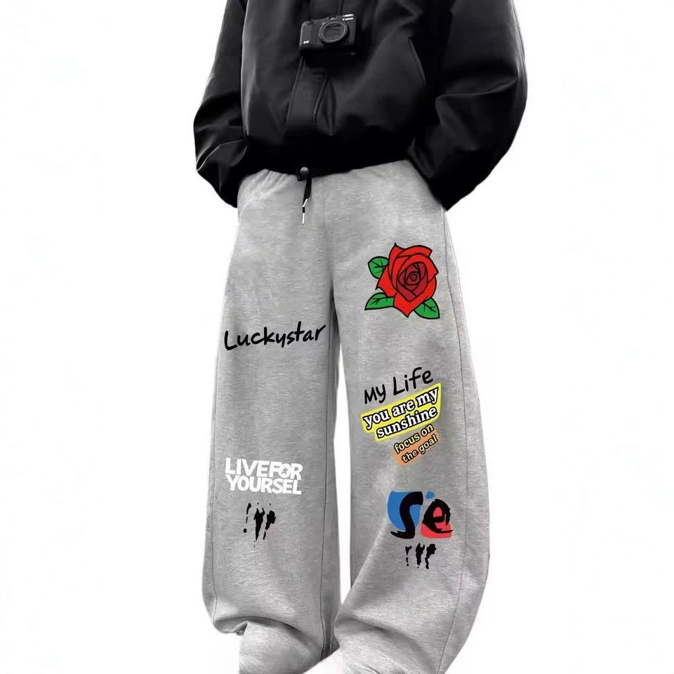 Dark Gothic Smiley Face Print Oversized Wide Leg Drawstring Sweatpants