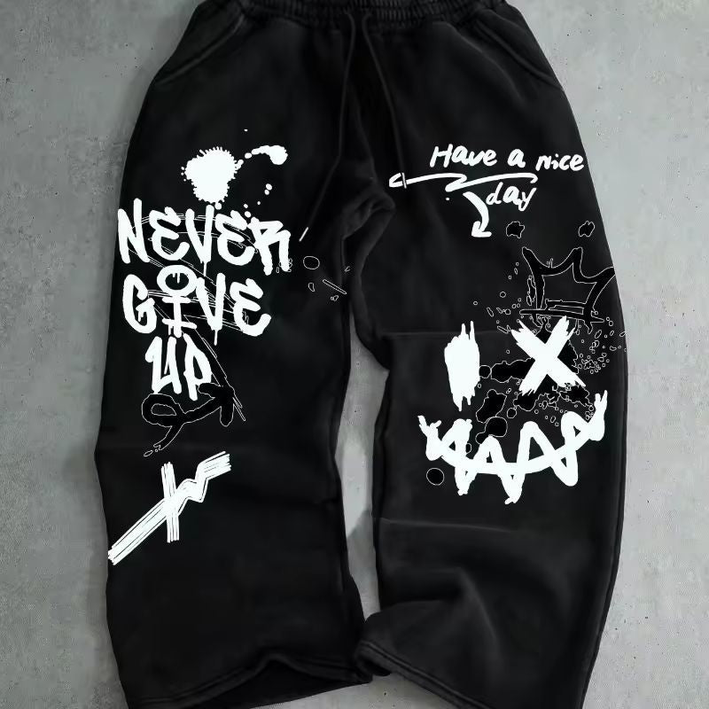 Dark Gothic Smiley Face Print Oversized Wide Leg Drawstring Sweatpants