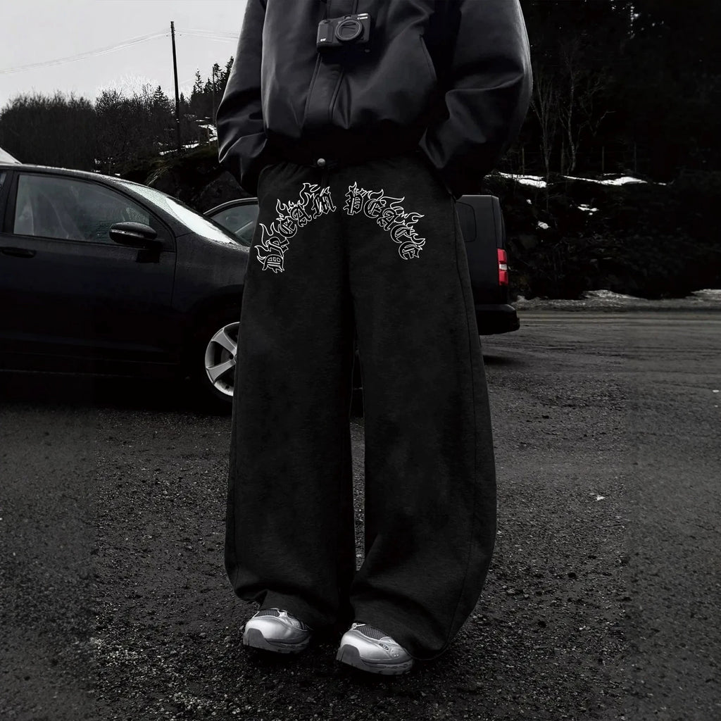 Dark Gothic Letter Print Loose Wide-leg Drawstring Unisex Sweatpants