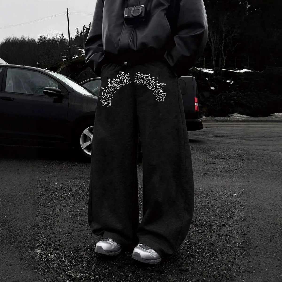 Dark Gothic Letter Print Loose Wide-leg Drawstring Unisex Sweatpants