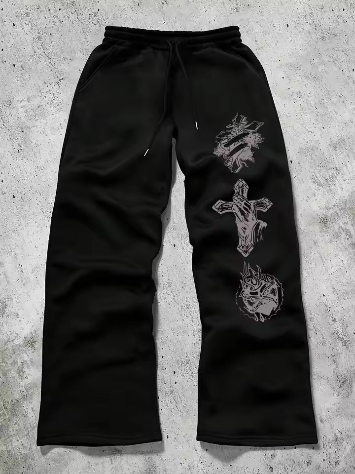 Dark Gothic Smiley Face Print Oversized Wide Leg Drawstring Sweatpants