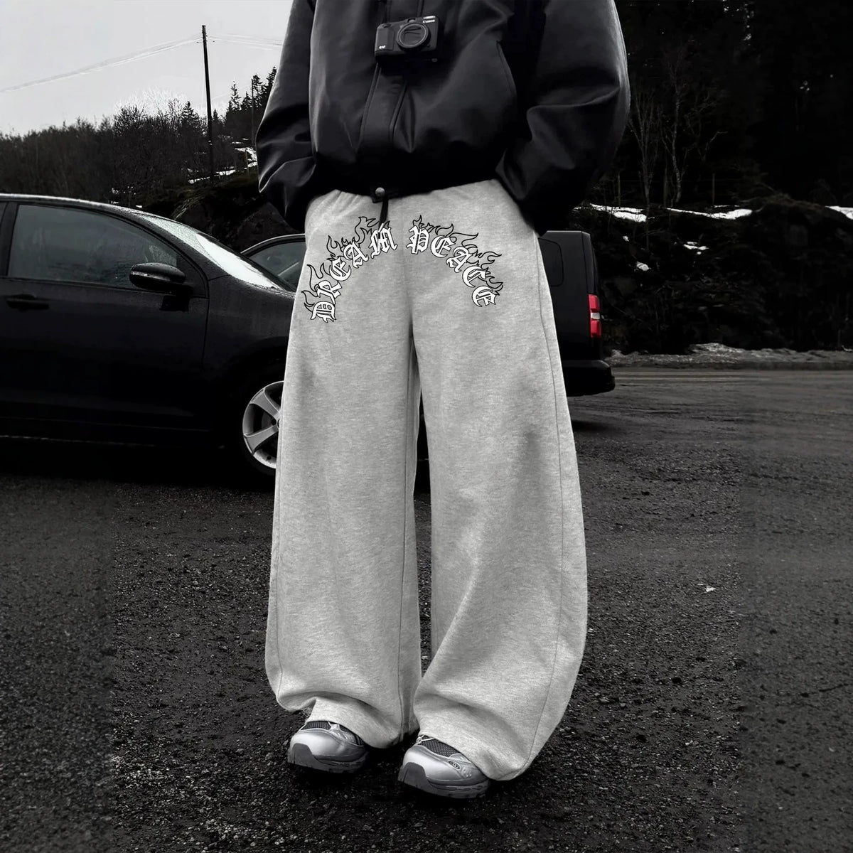 Dark Gothic Letter Print Loose Wide-leg Drawstring Unisex Sweatpants