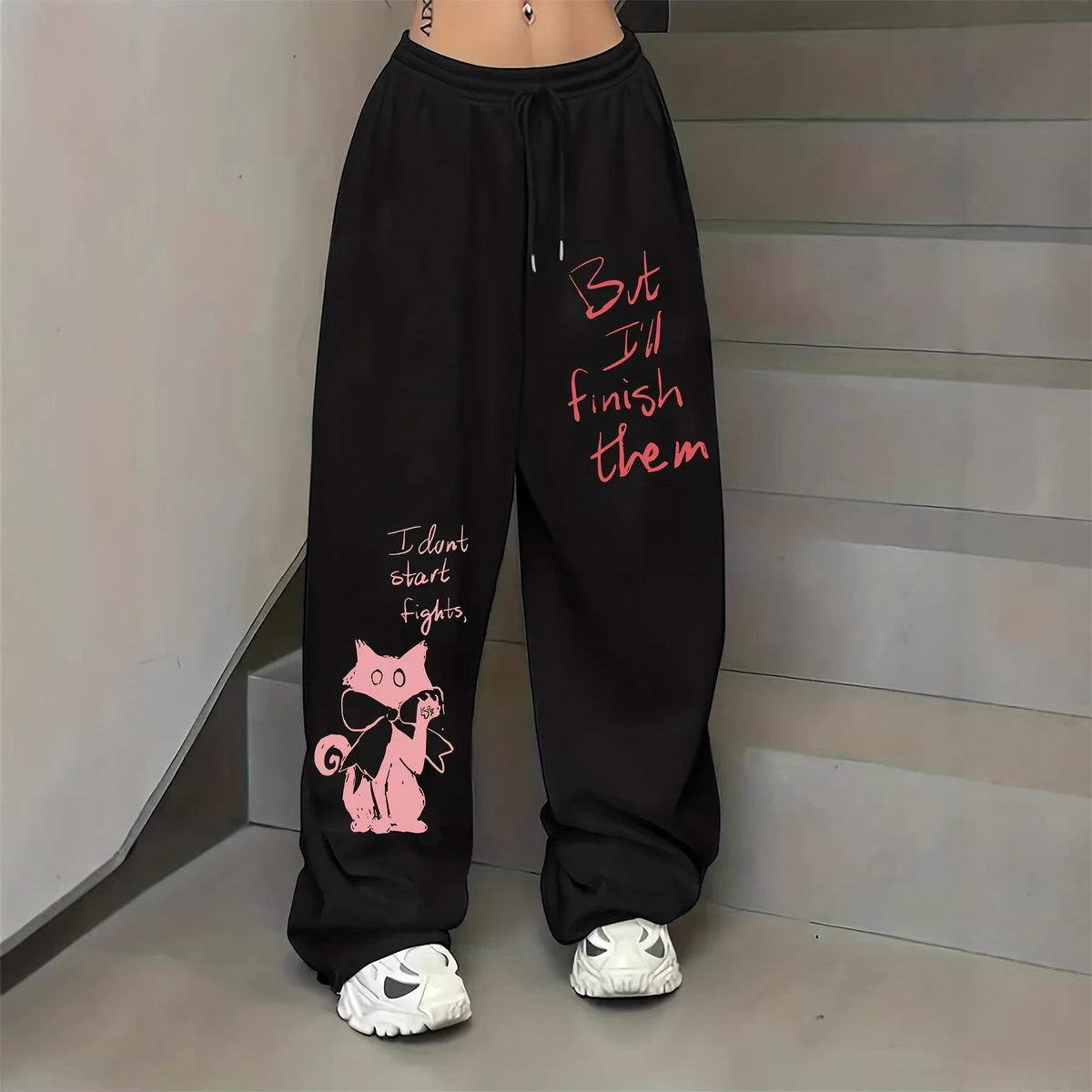 Women's Casual Gothic Wide Leg High Waist Adjustable Drawstring Pants