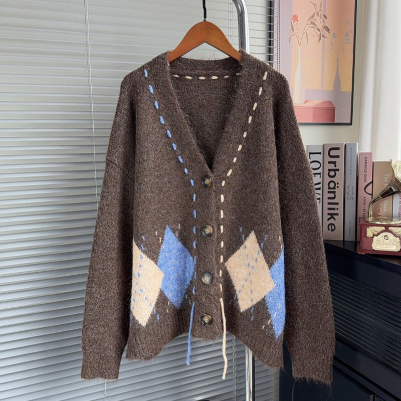 Color blocking diamond grid loose V-neck sweater