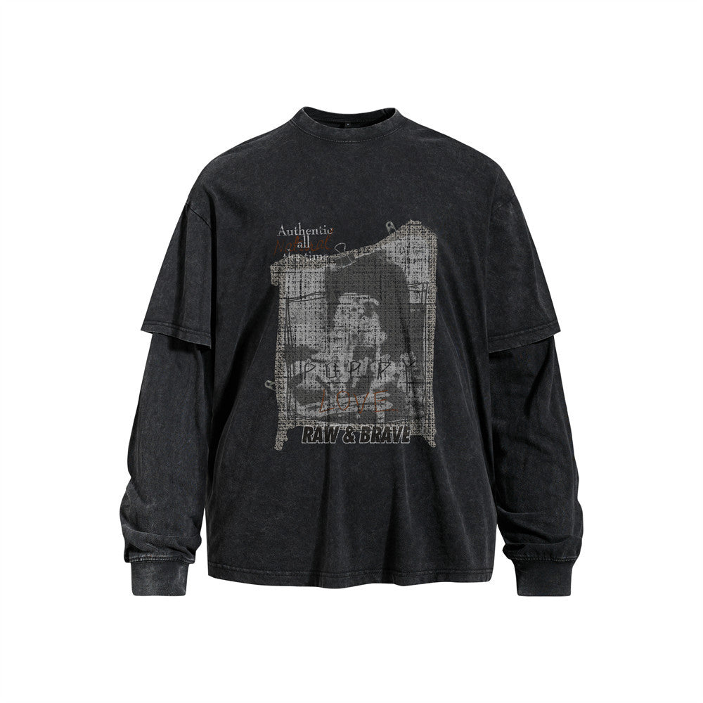 Men's Retro Abstract Print Long Sleeve T-Shirt Washed Distressed Pure Cotton Fake Two Piece Top