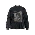 Men's Retro Abstract Print Long Sleeve T-Shirt Washed Distressed Pure Cotton Fake Two Piece Top