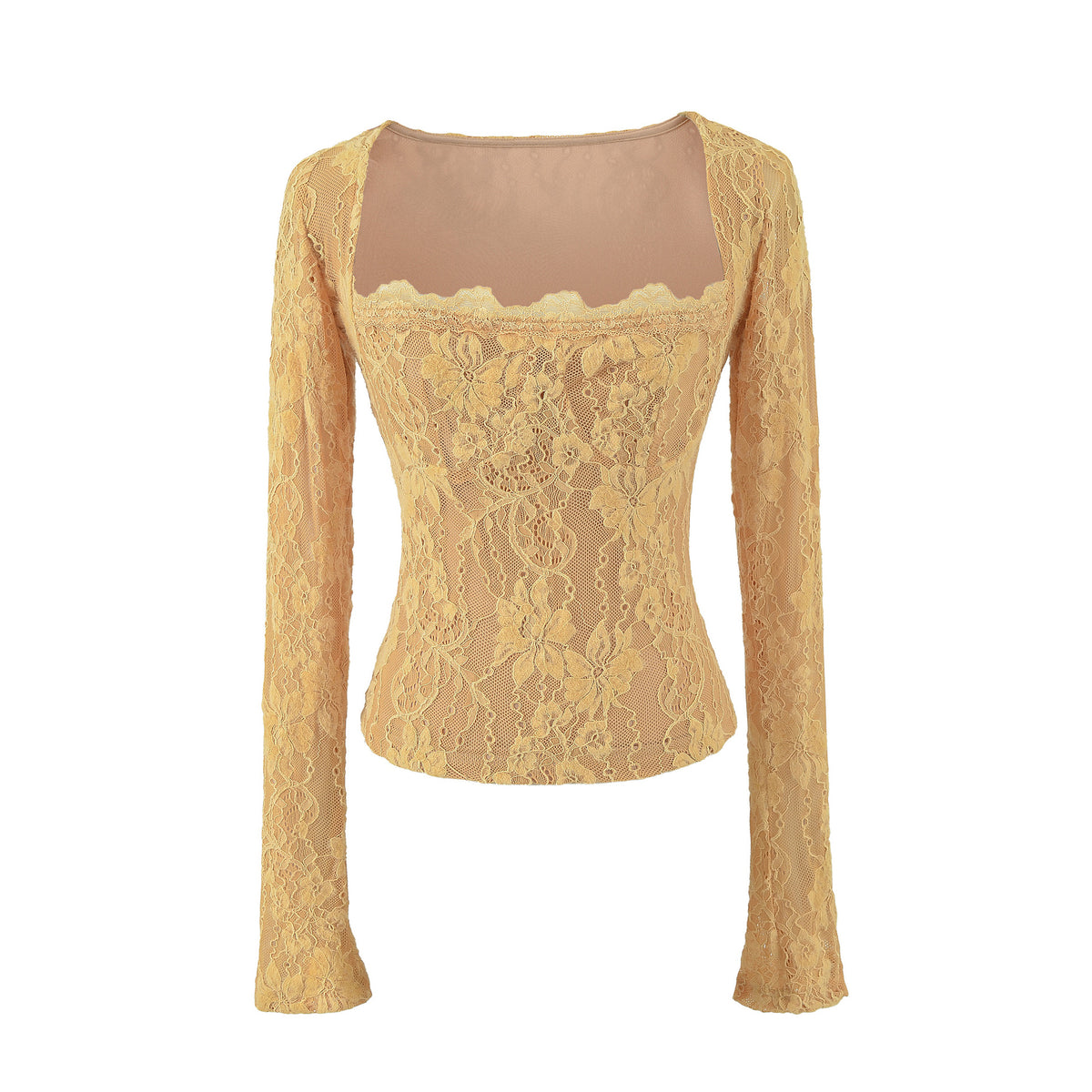 Double-Layer Embossed Long Sleeve Square Neck T-Shirt for Women