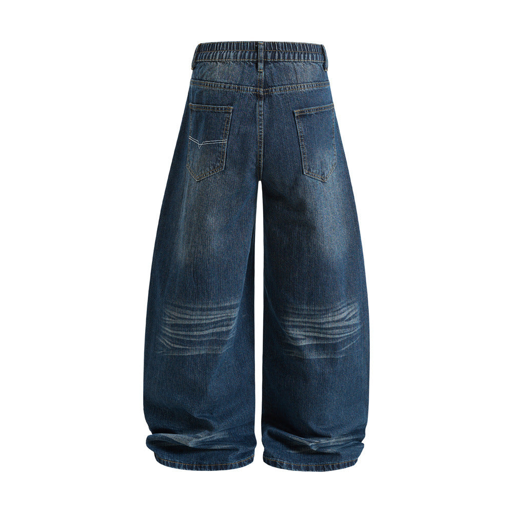 Men's Retro Washed Denim Carrot Pants, Oversized Wide Leg Long Jeans with Crease Detail