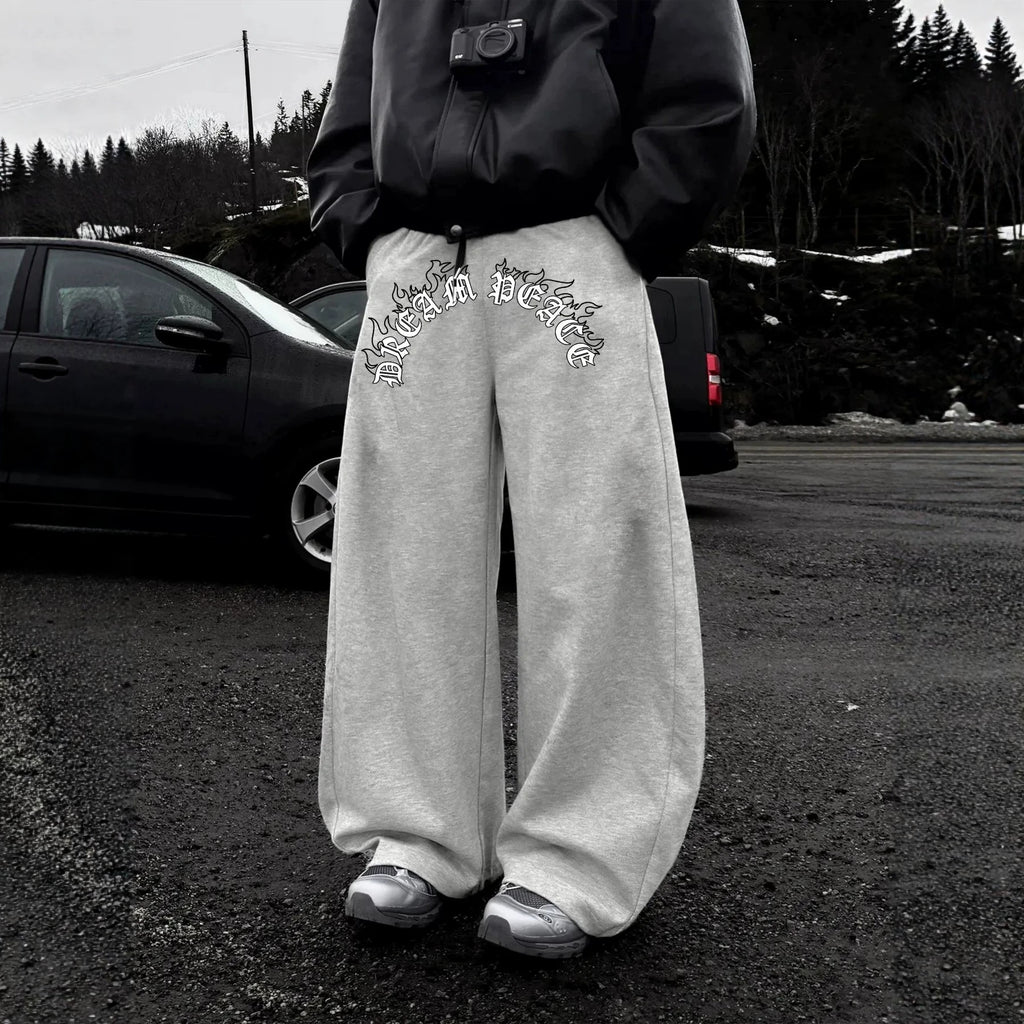 Dark Gothic Letter Print Loose Wide-leg Drawstring Unisex Sweatpants