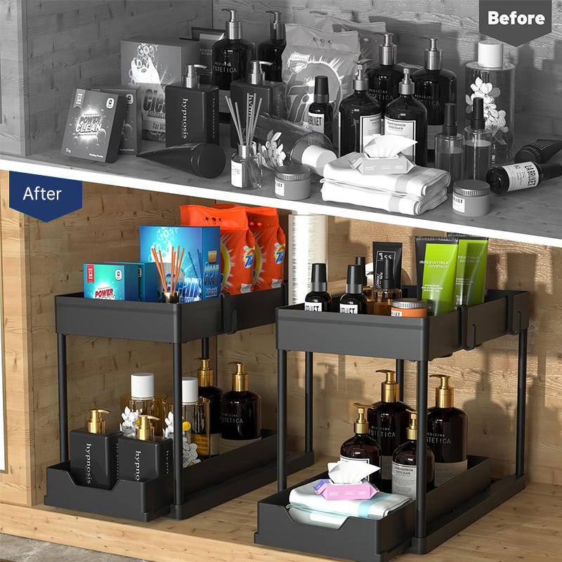 2-Tier Under Sink Sliding Organizer – 5 Hooks & 3 Detachable Baskets, Rust-Resistant Metal, Tool-Free Assembly