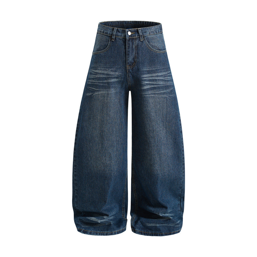 Men's Retro Washed Denim Carrot Pants, Oversized Wide Leg Long Jeans with Crease Detail