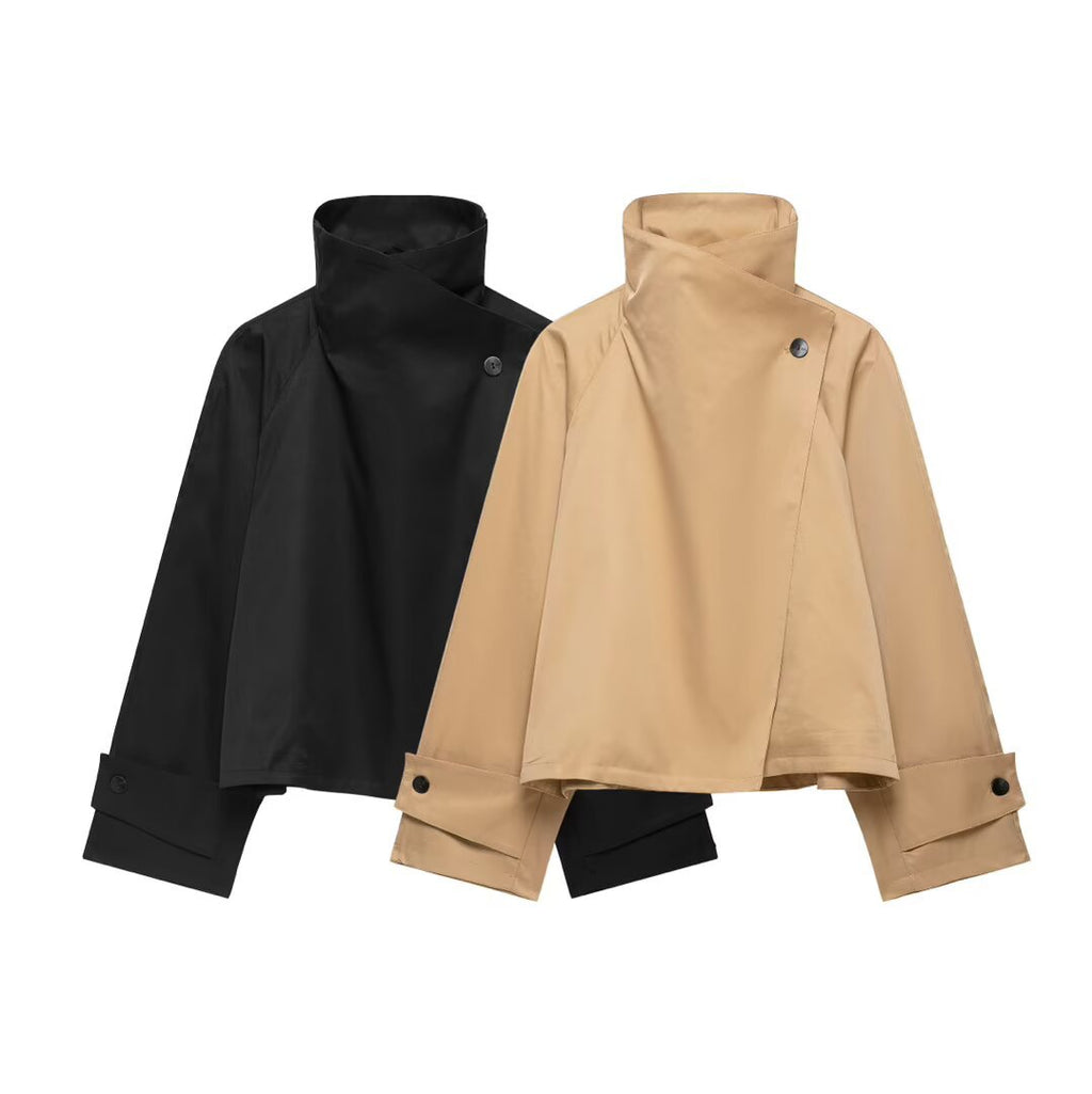 Long sleeved stand up collar with decorative straps short windbreaker jacket