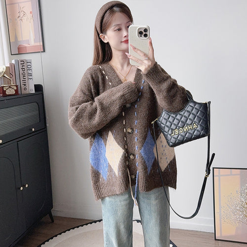Color blocking diamond grid loose V-neck sweater