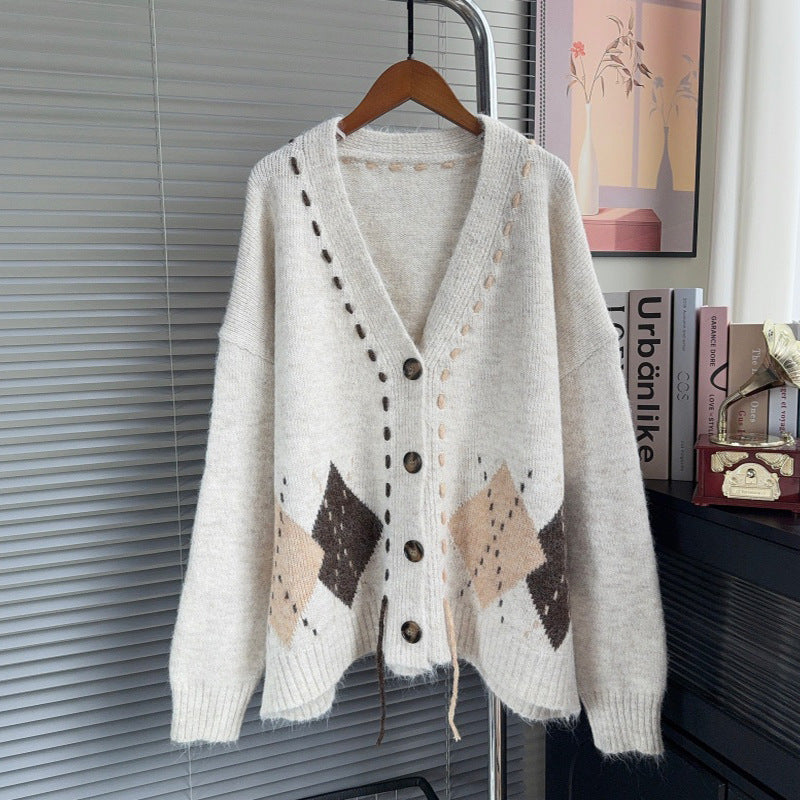 Color blocking diamond grid loose V-neck sweater