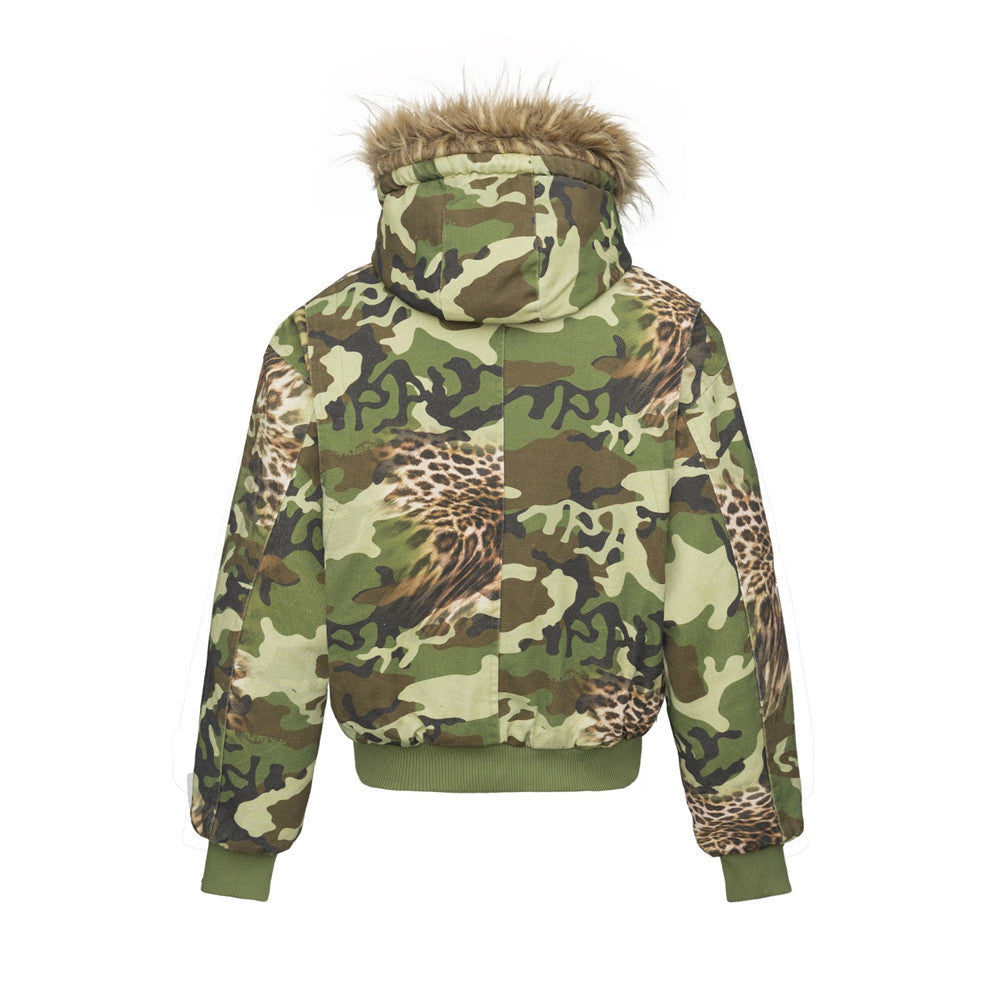 Men's High Street Canvas Cotton Padded Jacket Digital Print Camouflage Hooded Fur Collar Workwear Outerwear
