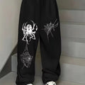 Dark Gothic Spider Print Wide Leg Sweatpants with Drawstring