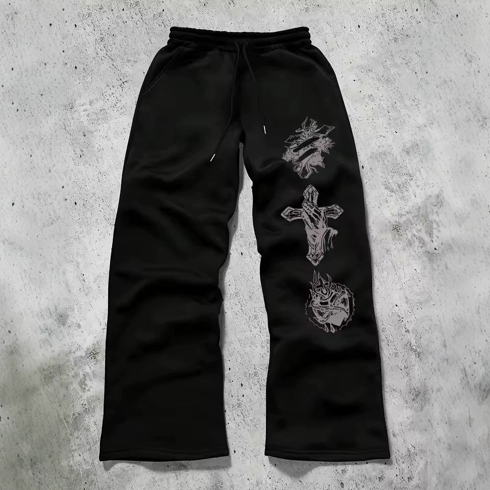 Dark Gothic Smiley Face Print Oversized Wide Leg Drawstring Sweatpants