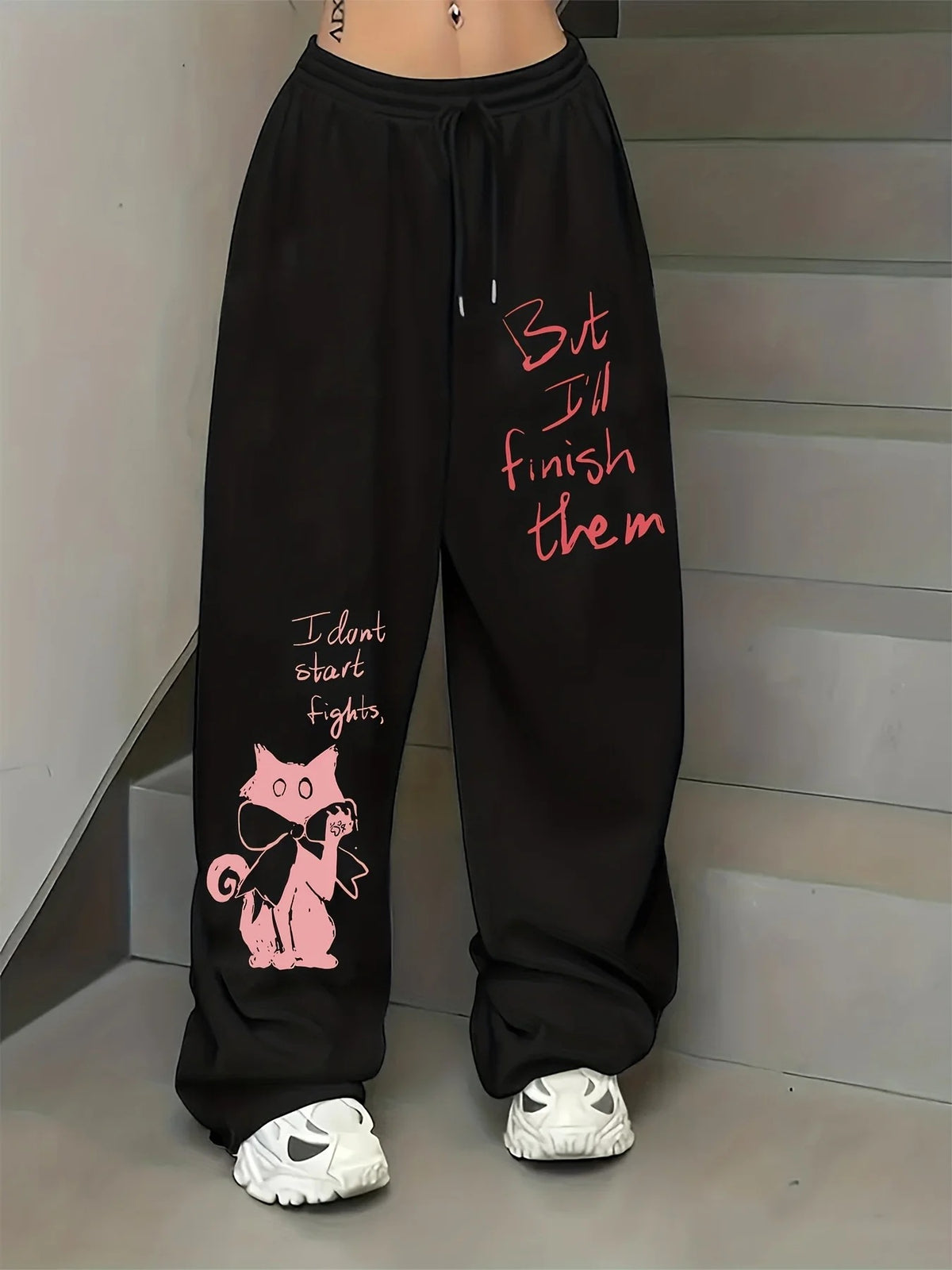 Women's Casual Gothic Wide Leg High Waist Adjustable Drawstring Pants