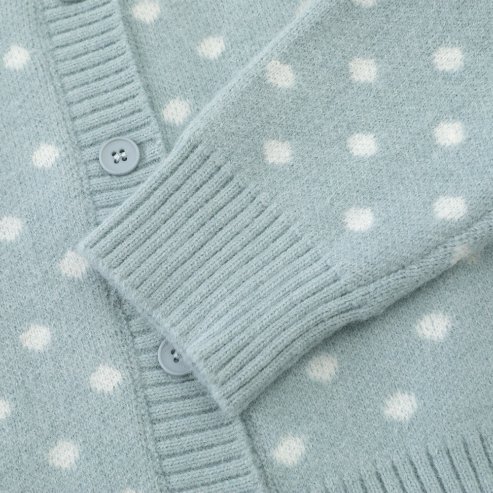 Street Style Polka Dot Knit Cardigan Long Sleeve Round Neck Casual Sweater Jacket for Men