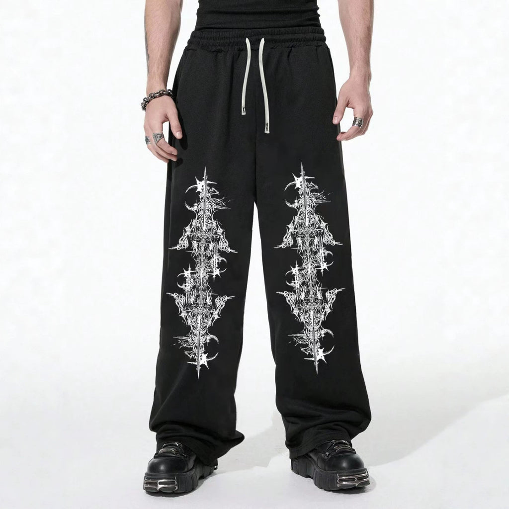 Dark Gothic Spider Print Wide Leg Sweatpants with Drawstring