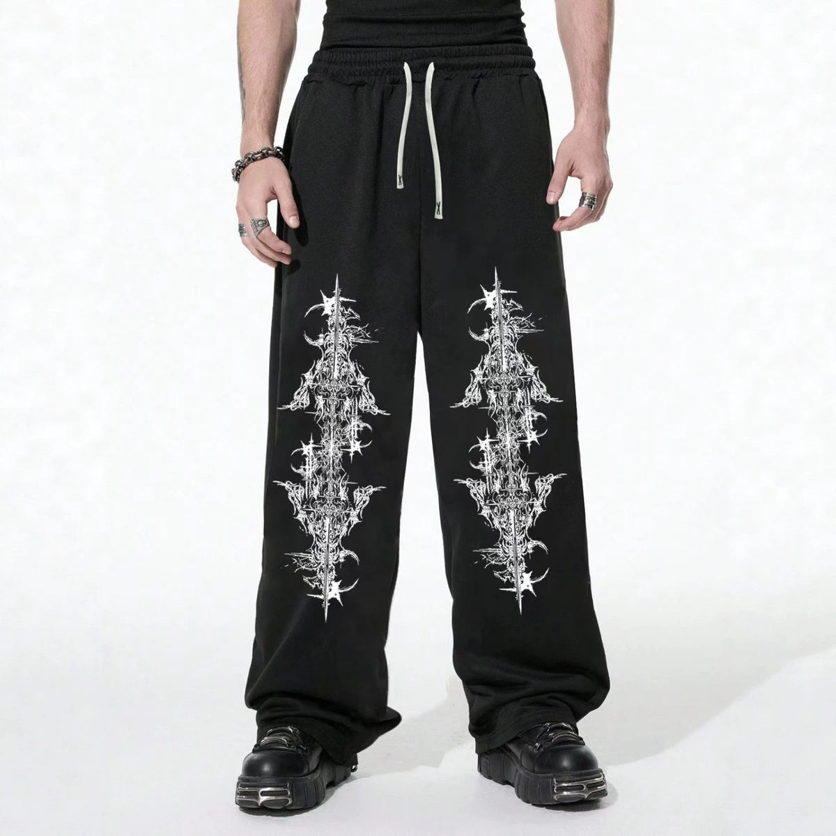 Dark Gothic Spider Print Wide Leg Sweatpants with Drawstring