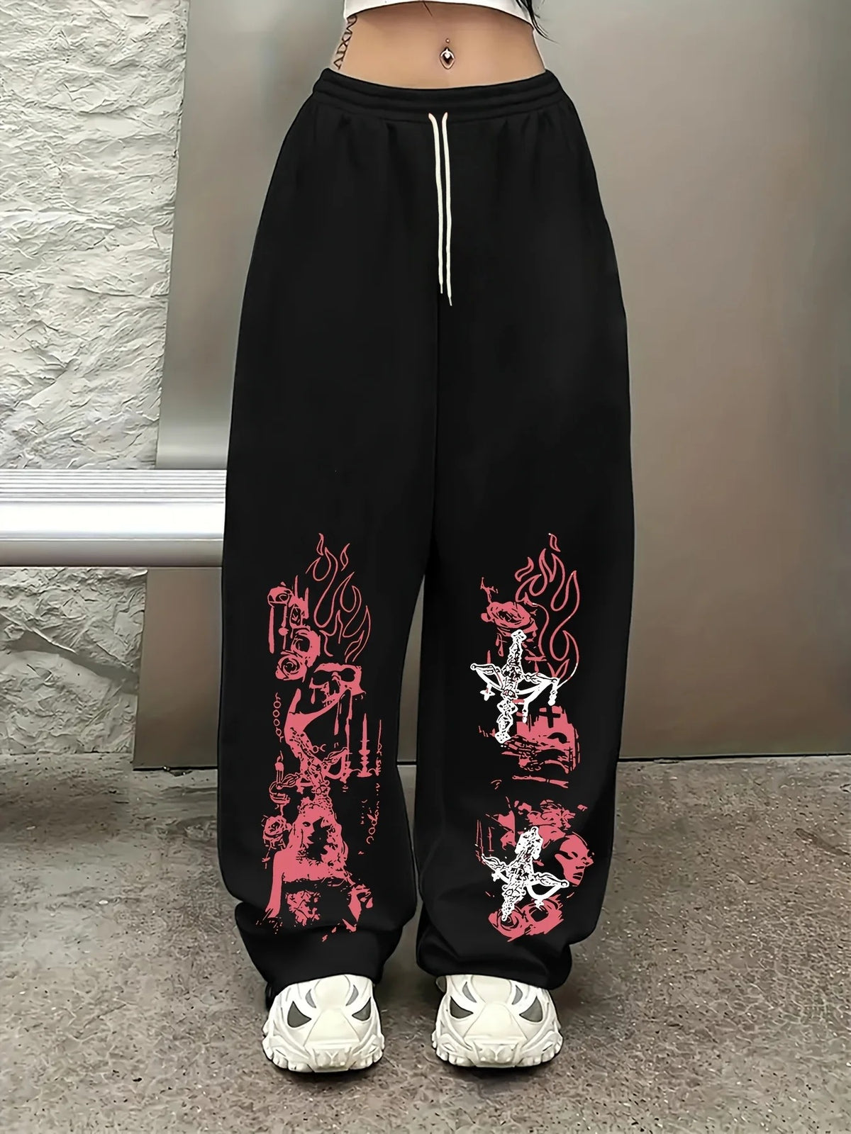 Women's Casual Gothic Wide Leg High Waist Adjustable Drawstring Pants