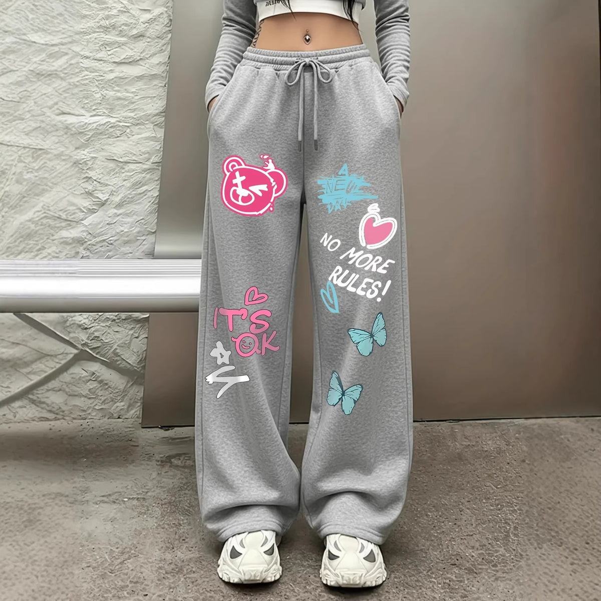 Women's Casual Gothic Wide Leg High Waist Adjustable Drawstring Pants